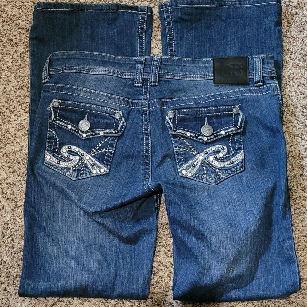 Jr Sz 11 Embellished C3 Carbon Denim Jeans Rhinestone 5 Pockets Flaps Woman's